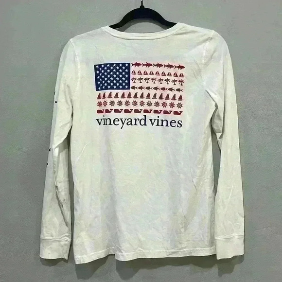 Vineyard Vines T Shirt Small White Red Blue American Flag Long Sleeve - Picture 8 of 9